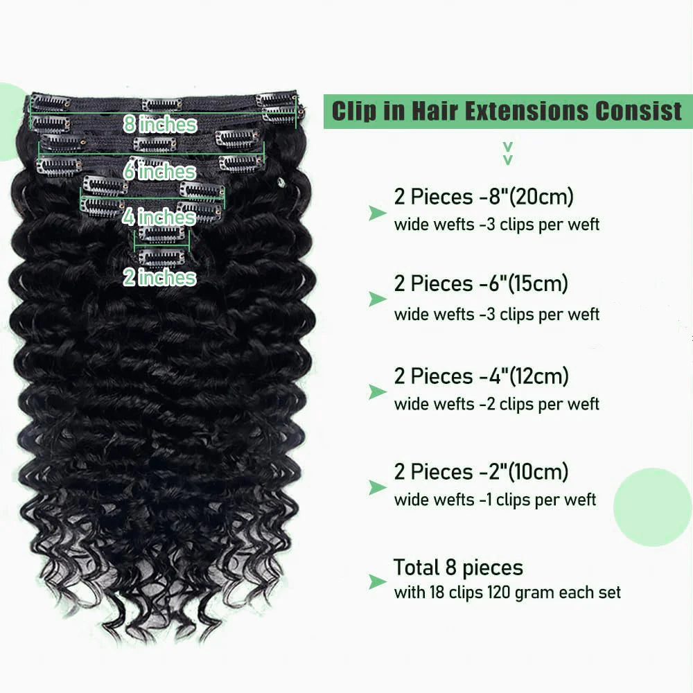 Brazilian Remy human hair deep wave clip-in extensions, 8-piece set, natural black, 10–26 inch, 120g