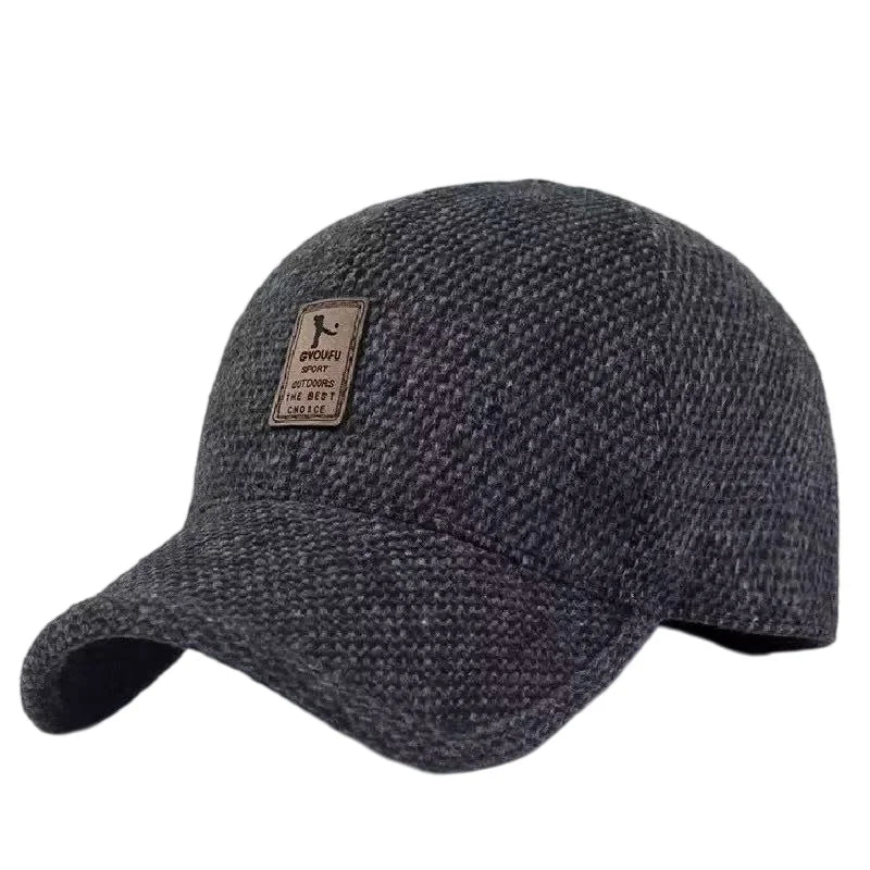 Men's winter fleece-lined windproof baseball cap with ear flaps for outdoor travel and casual wear
