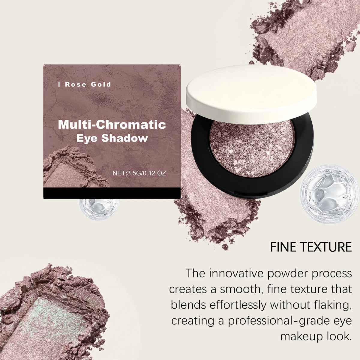 Rose gold shimmer eye shadow palette with colorful lustrous shades in a portable compact for daily makeup and travel