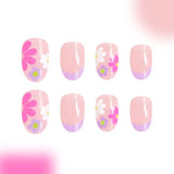HSF Marketplace 24-piece short almond press-on nails with pink floral French tips, glossy full-cover design