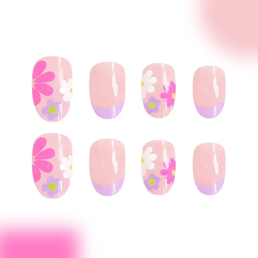 HSF Marketplace 24-piece short almond press-on nails with pink floral French tips, glossy full-cover design