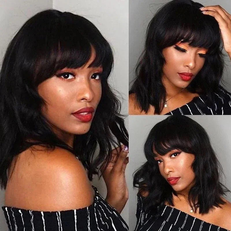 Natural wavy human hair wig with bangs, loose waves, curly texture, and lace front, made from Brazilian Remy hair for women.