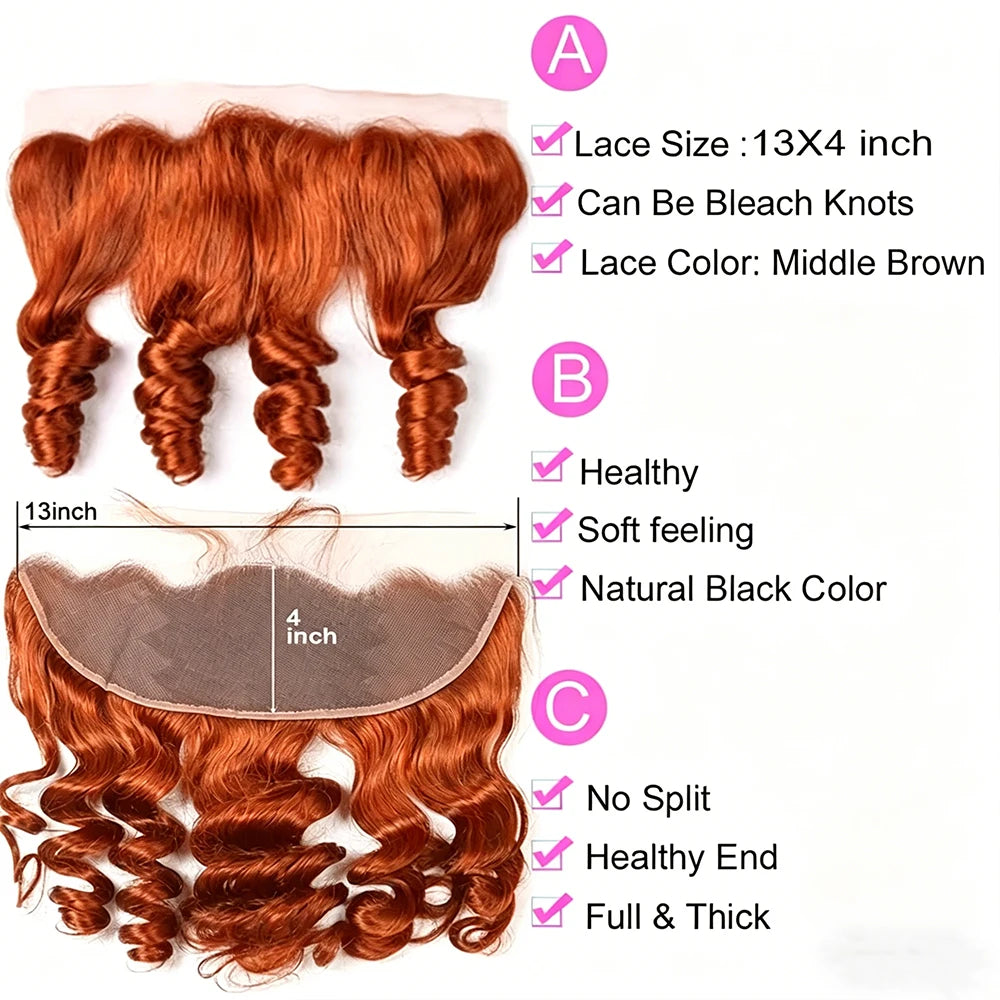 350 Ginger Loose Wave Human Hair Bundles With 4x4 5x5 6x6 HD Transparent Lace Closure Frontal HD Raw Virgin Hair Bundle Hair Ext