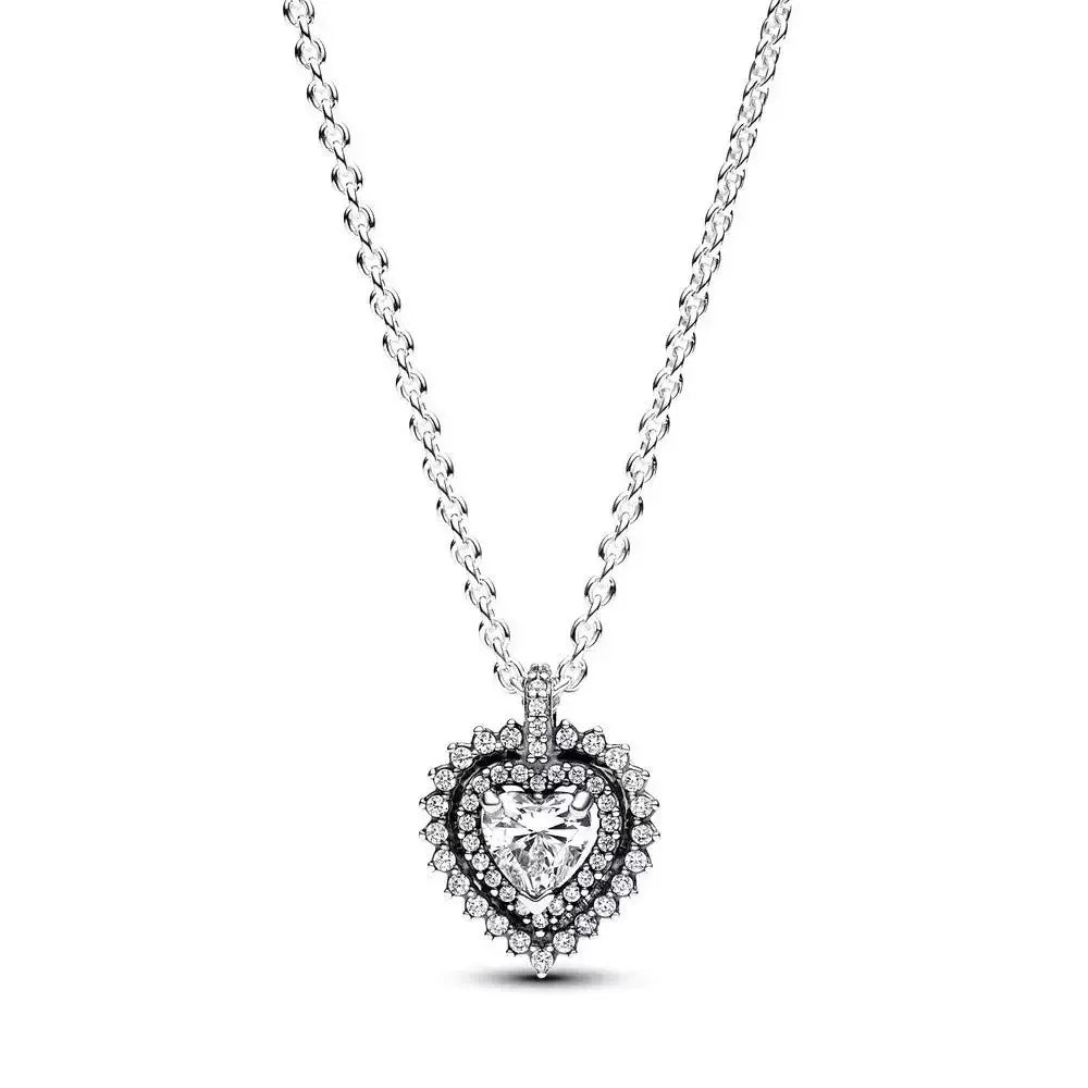 Silver heart pendant necklace with zircon accents, featuring a circular design, perfect for women's jewelry and DIY charm projects.