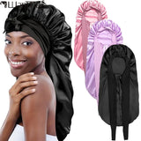 XL Long Silk Bonnet for Sleeping, Extra Large Satin Bonnet with Wide Elastic Band, Night Cap for Natural Hair Braids Weaves