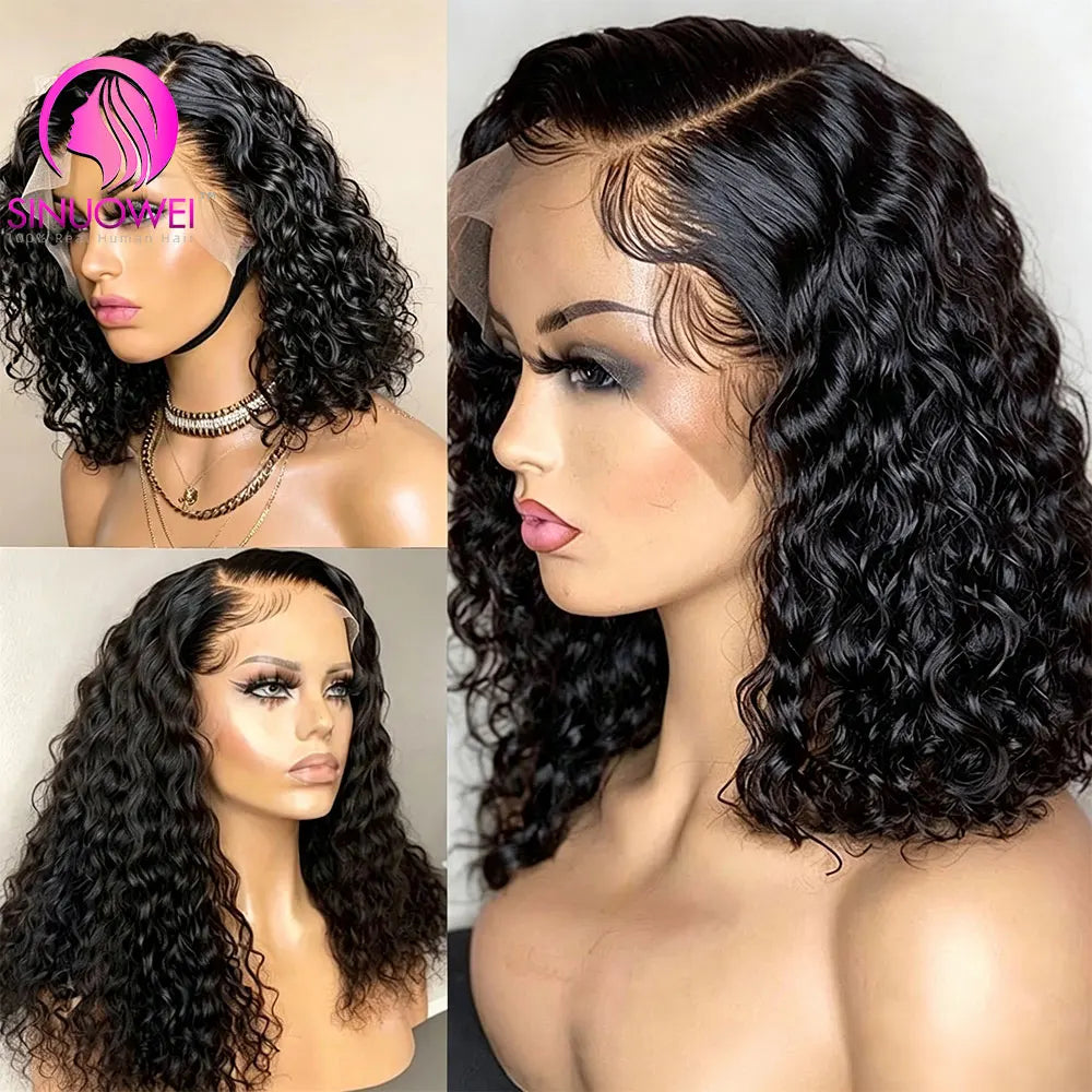 Water wave bob wig with 5x5 transparent lace frontal, 4x4 lace closure, made of 100% human hair, short curly style for women.