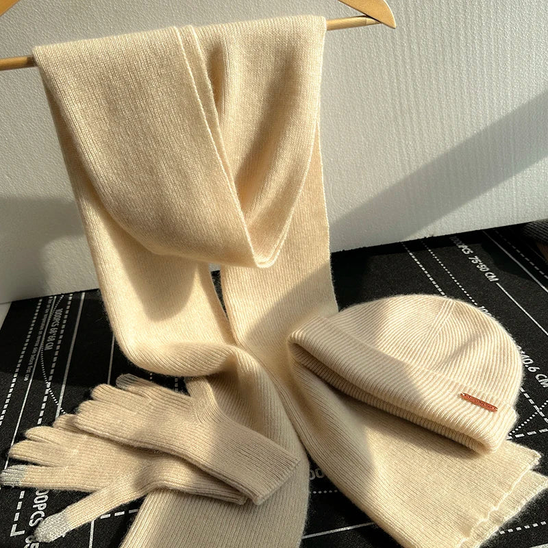 100% pure cashmere winter set with soft scarf, gloves, and hat in coordinated neutral tones