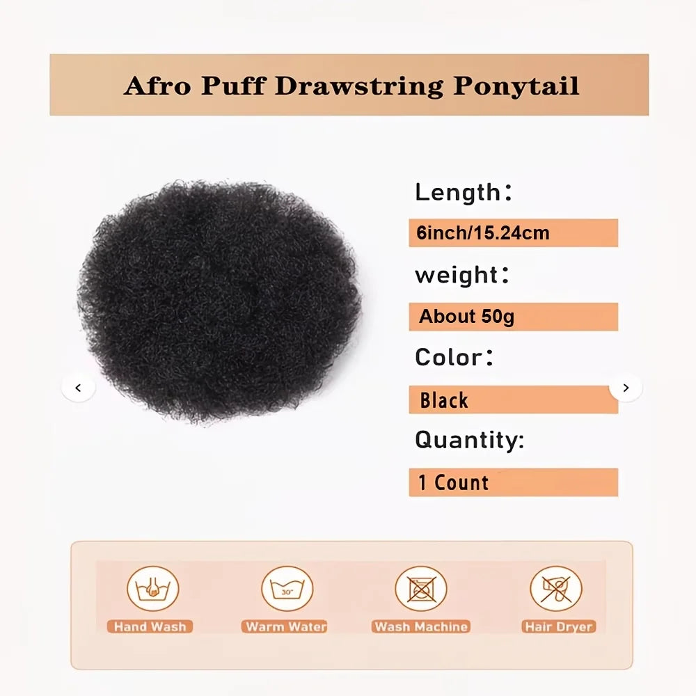 Natural black short voluminous kinky afro puff drawstring bun human hair ponytail chignon for women