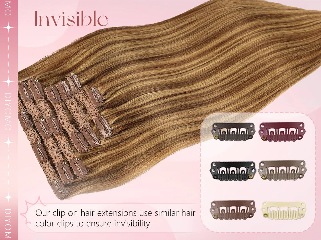 Natural black straight clip-in human hair extensions, 7-piece PU invisible weft set, 116g lightweight design