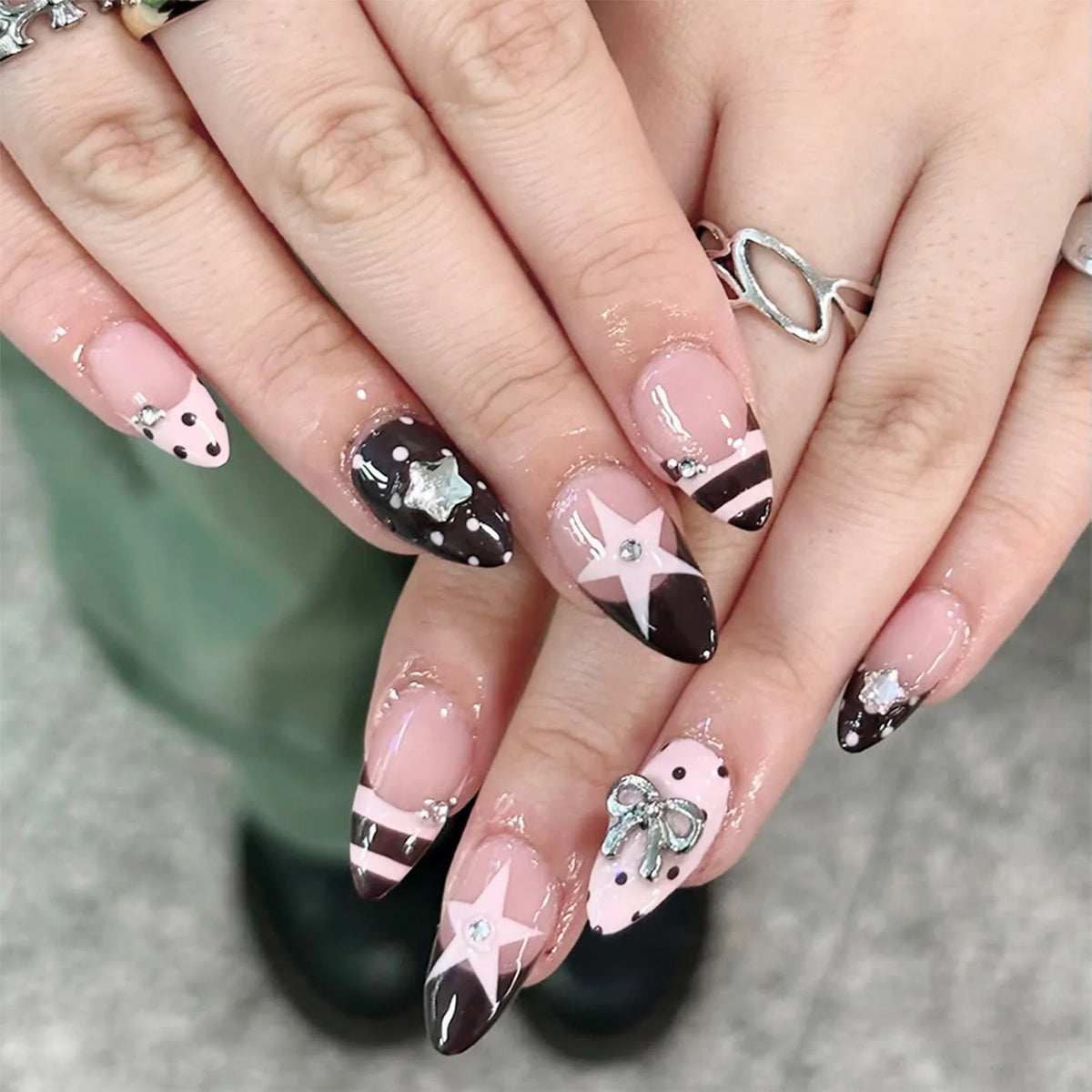 HSF Marketplace almond shape false nails with brown stripes and pink flowers, wearable full cover acrylic nail tips