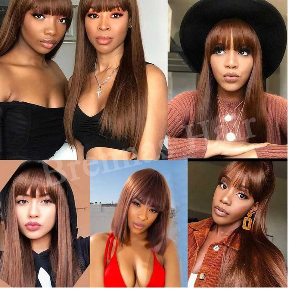Reddish brown straight human hair wig with bangs, layered cut, easy style, by HSF Marketplace, showcasing the wig's natural texture and color.
