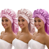 3-piece satin long bonnet set with wide brim and bow tie for everyday hair care by HSF Marketplace