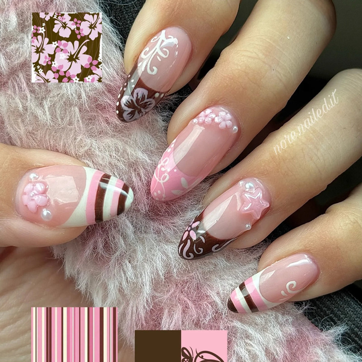 24-piece almond shape false nails with brown stripes and pink flowers, wearable full cover acrylic nail tips