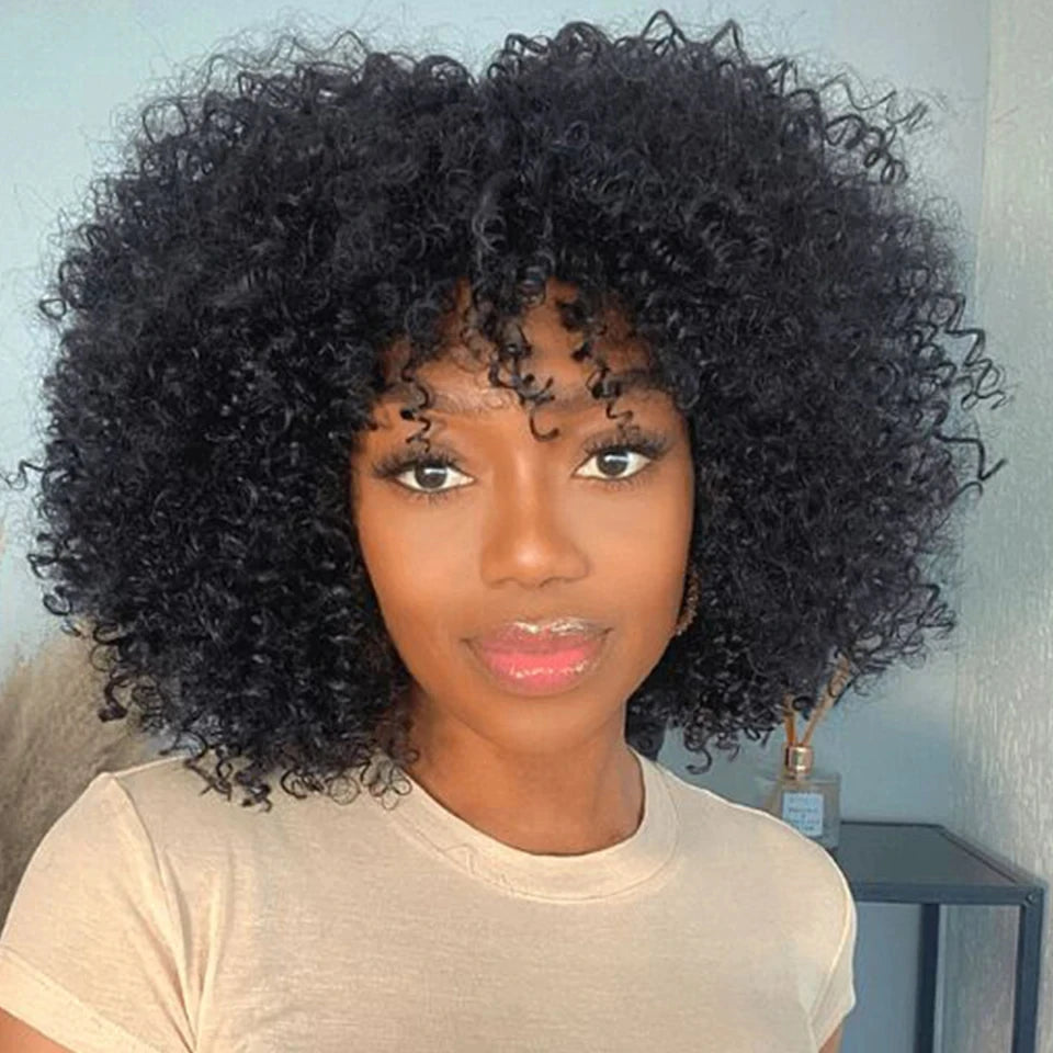 Full view of a human hair afro kinky curly wig with bangs, glueless, 250 density, machine-made, natural Remy hair, styled with curls.