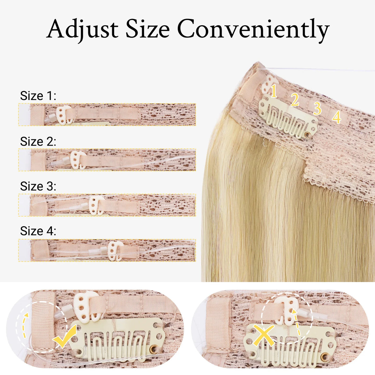 Sunmofavo Halo Hair Extensions in golden blonde Remy human hair with transparent wire and anti-slip clips
