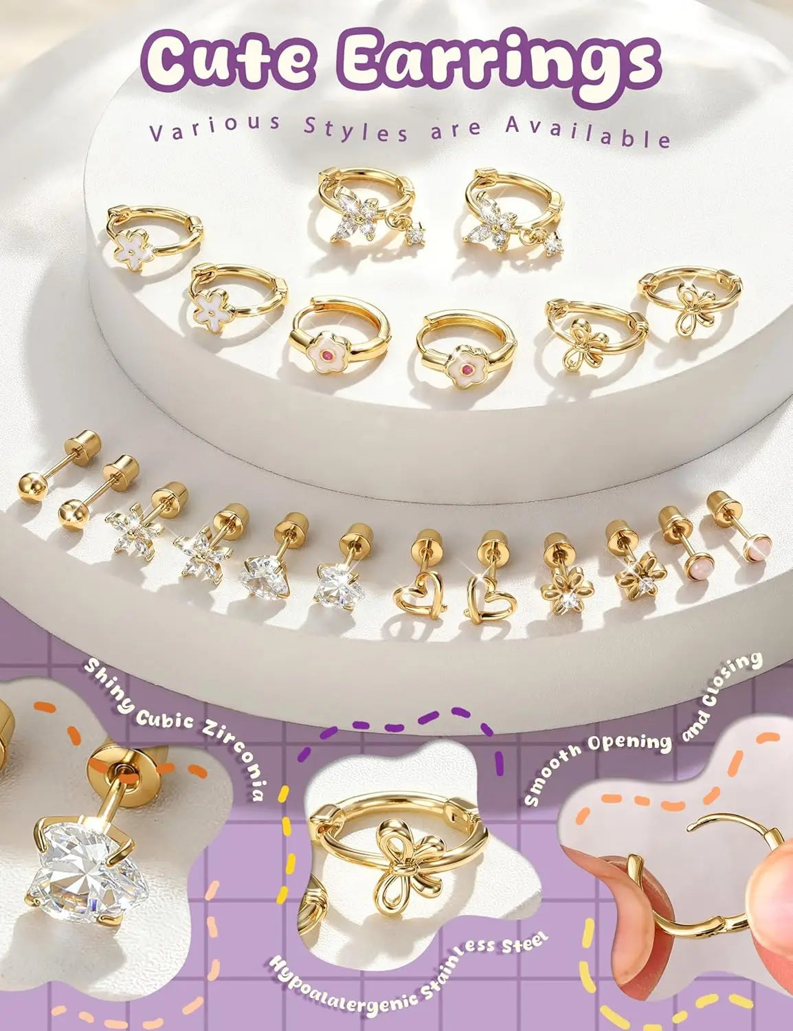 Bobisty hypoallergenic screw-back hoop stud earrings with heart CZ flower design, surgical steel and 14K gold plating