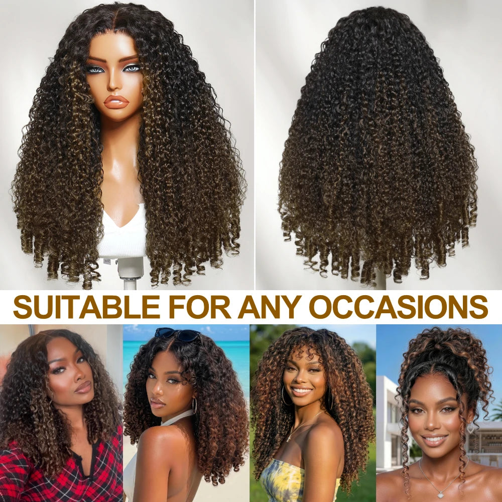 Ombre brown curly human hair wig with defined finger coils, easy-wear style by HSF Marketplace