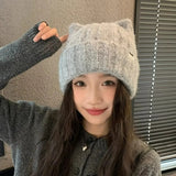 Women's cat ear knitted beanie winter warm wool hat, Korean style cute headwear by HSF Marketplace