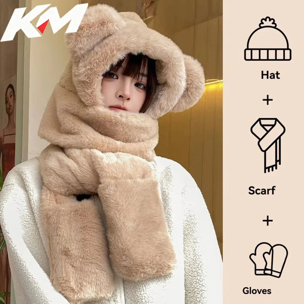 Warm plush fleece 3-in-1 bear ear hooded winter hat and scarf set by HSF Marketplace