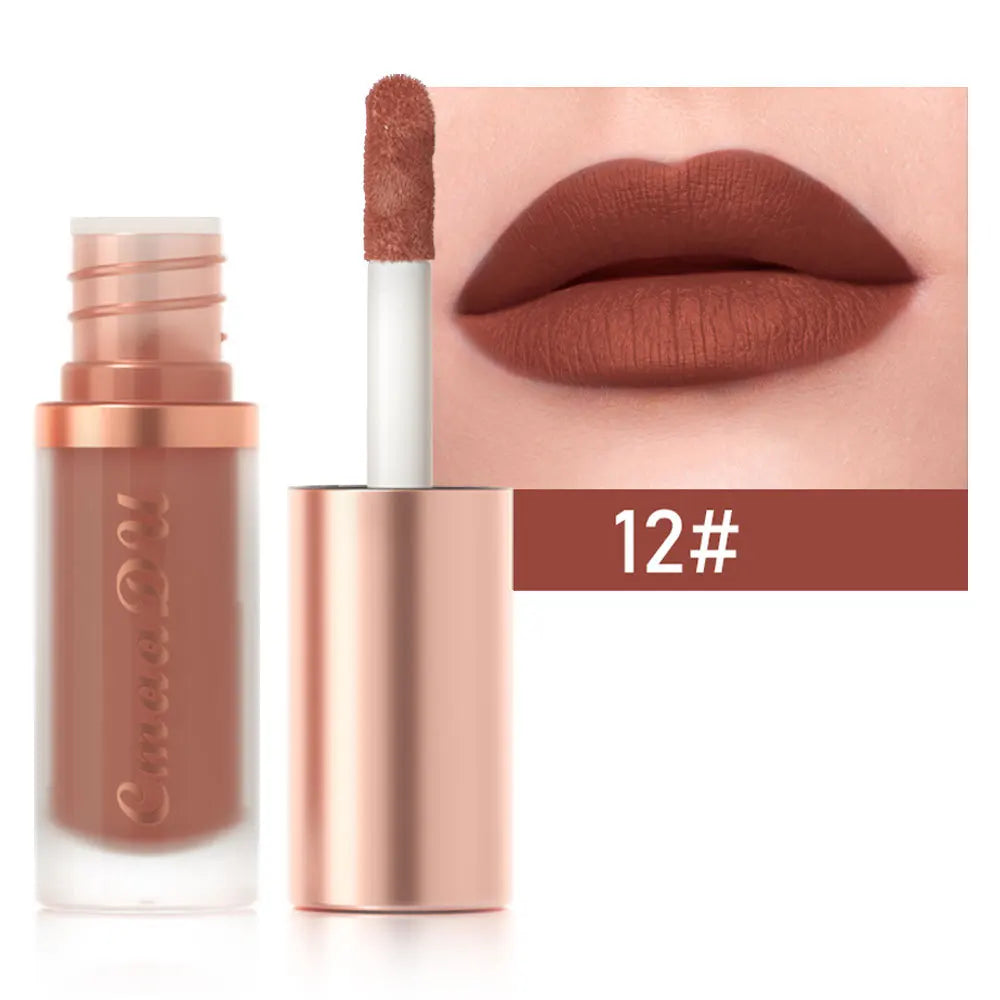 Waterproof matte velvet lip glaze in a moisturizing, long-lasting non-stick formula with rich lipstick color