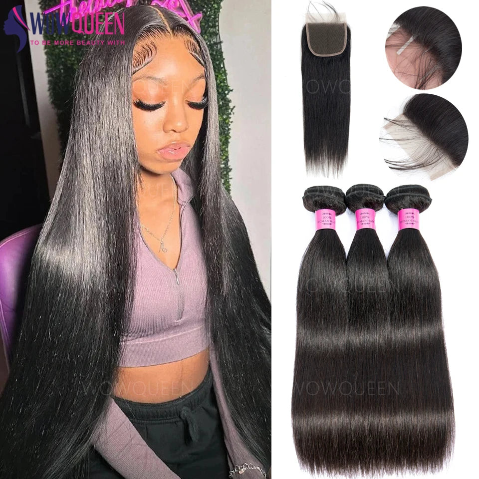 Straight human hair bundles with 4x4 closure in 22, 24, 26 inches, 100% unprocessed raw hair from HSF Marketplace.