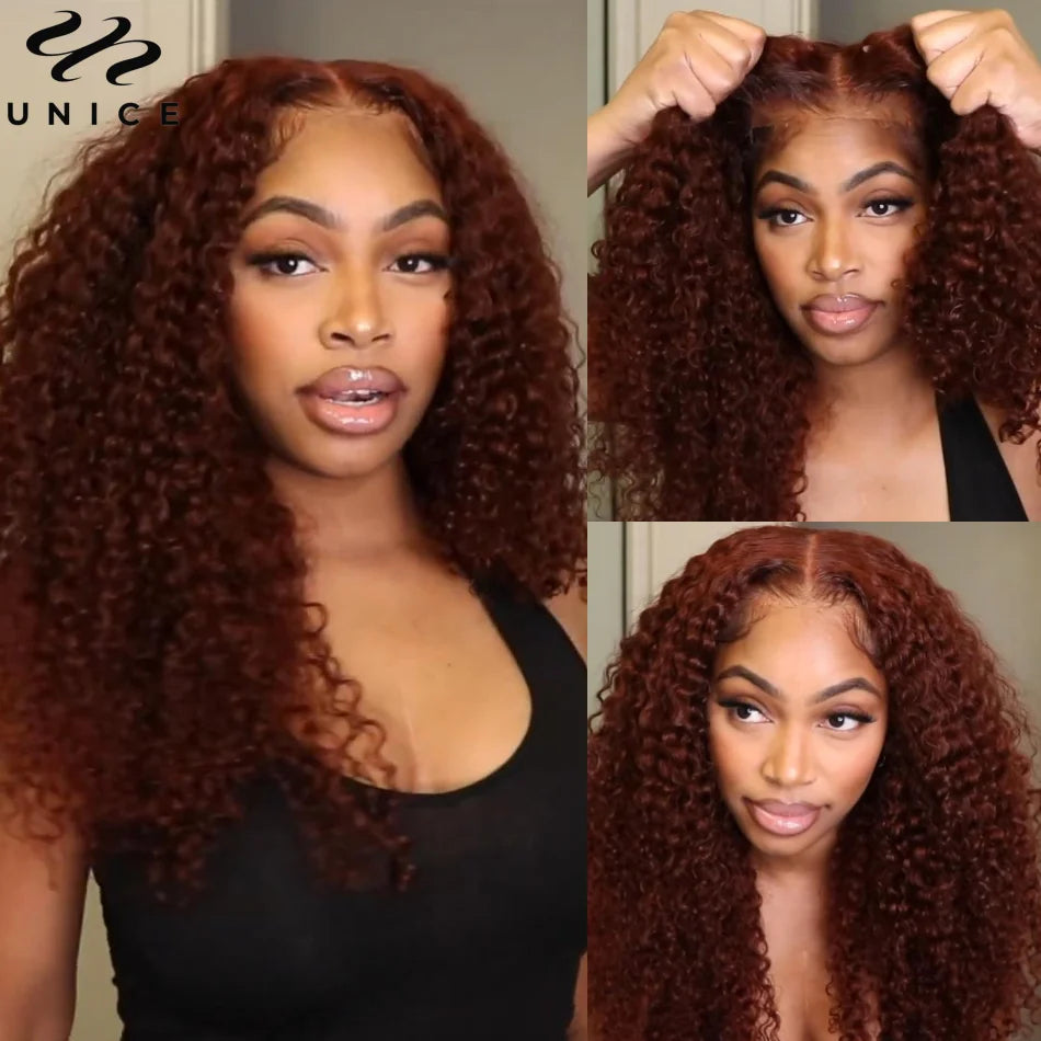 UNice 7x5 Lace Reddish Brown Jerry Curly Human Hair Wigs With Drawstring Pre Cut Pre Bleached Wear Go Glueless Wigs