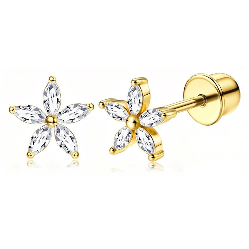 Bobisty hypoallergenic screw-back stud hoop earrings with heart CZ flower design, 14K gold-plated surgical steel