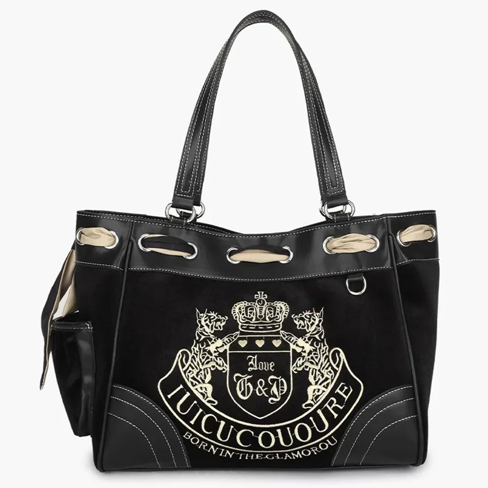 Large-capacity ladies tote bag with vintage embroidery, velvet texture, and shoulder strap, ideal for shopping or casual outings.