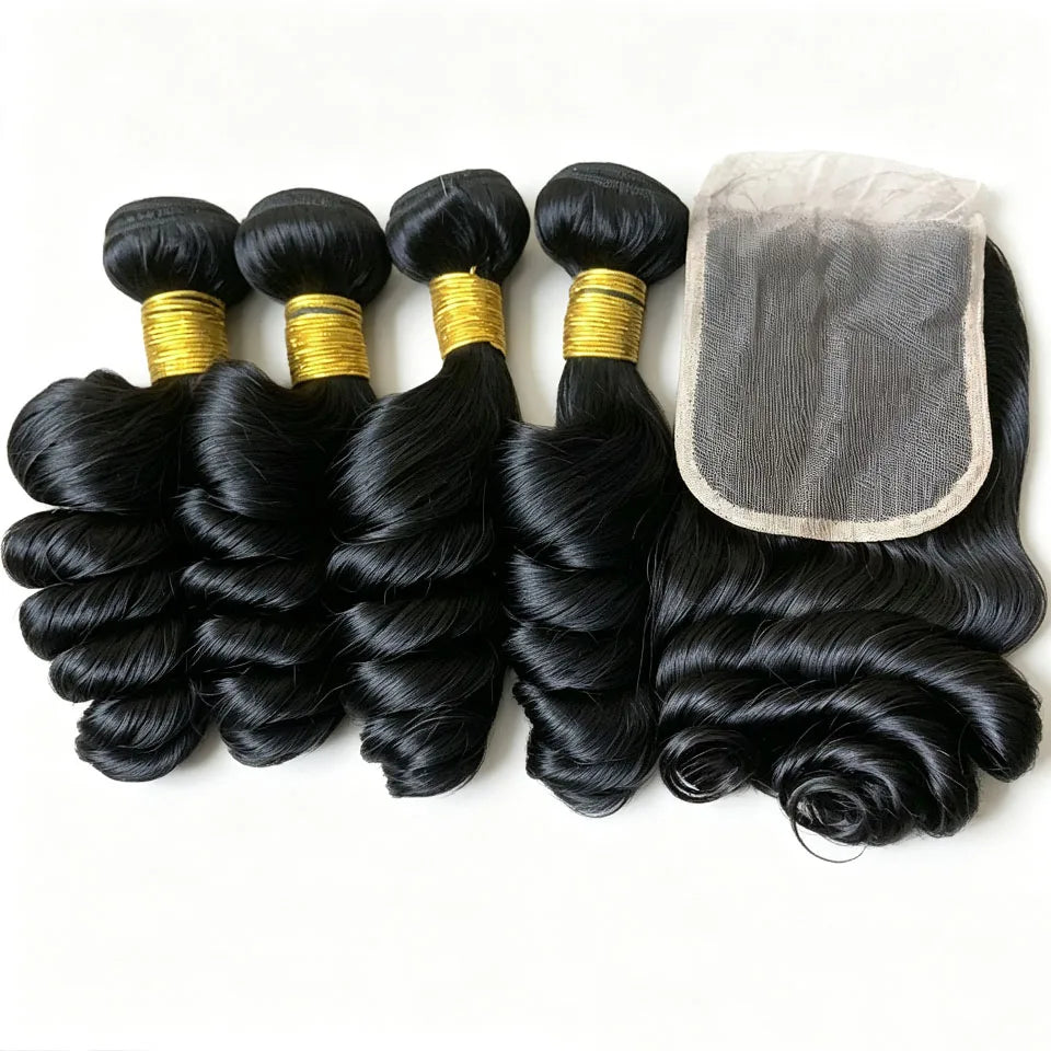 Loose Wave Bundles With HD Lace Frontal 13X4 Indian Virgin Human Hair 3/4 Bundles With Closure Raw Hair 4X4 Closure With Bundles