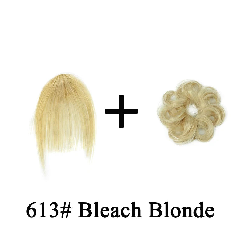 Wavy curly human hair messy bun ponytail with clip-in extensions and air bangs fringe for women