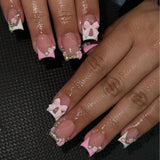 24pcs nude pink short duckbill false nails with leopard French tips, 3D bowknots, butterflies and cherries