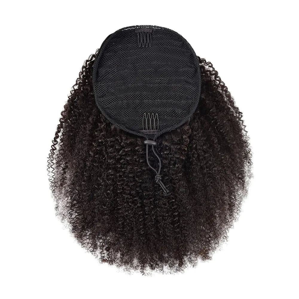 Mongolian afro kinky curly ponytail extensions in natural black, textured curly ponytail style