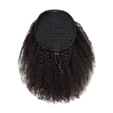 Mongolian afro kinky curly ponytail extensions in natural black, textured curly ponytail style