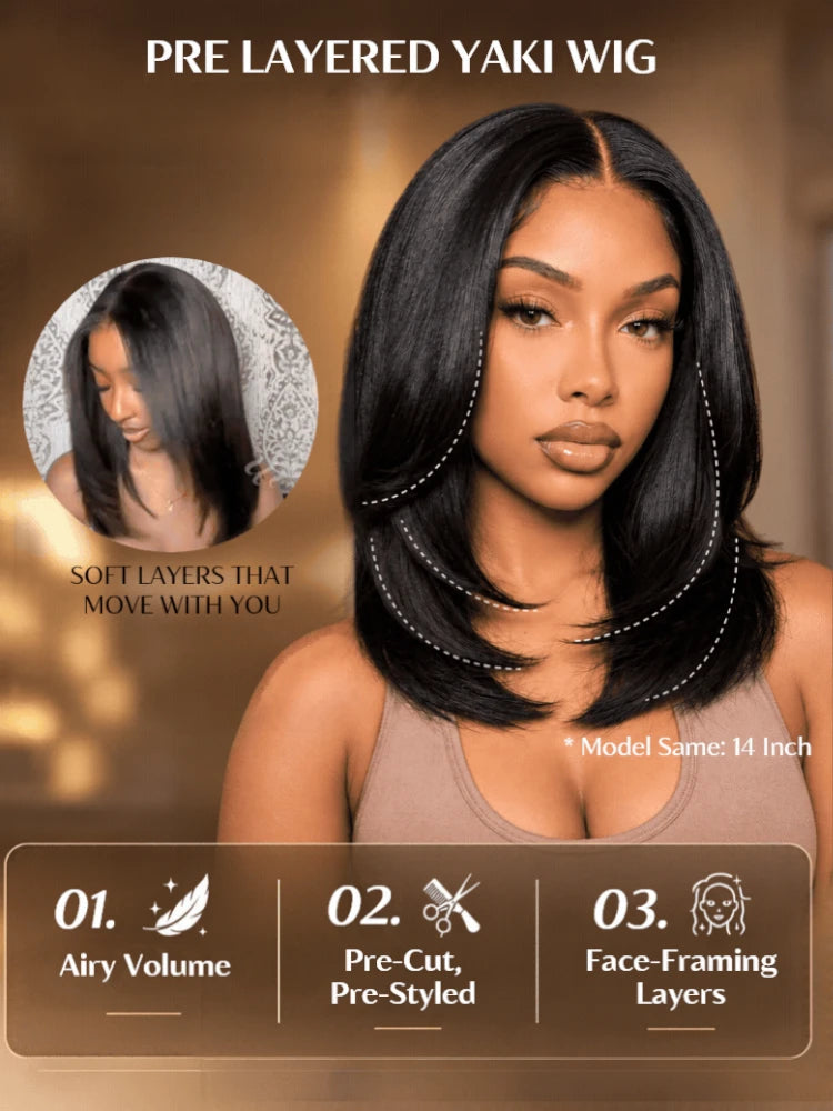 UNice Natural Black Yaki Bob Wig 7x5 Lace Bye-Bye Slip™ Put-On-and-Go Glueless Human Hair Drawstring Wig for Beginners