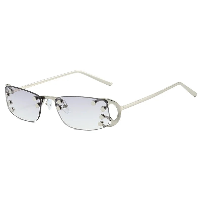 Hologram studded rimless metal frame sunglasses with rectangular UV400 lenses, retro Y2K style fashion eyewear for daily wear or parties.