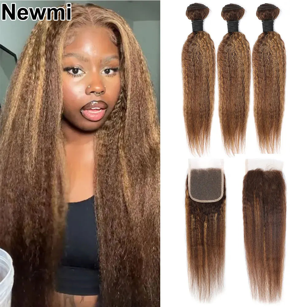 Blonde Highlight Kinky Straight Bundles with Closure Human Hair P4/27 Ombre Hair Weave with 4x4 Lace Closure 13x4 Lace Frontal