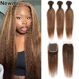 Blonde Highlight Kinky Straight Bundles with Closure Human Hair P4/27 Ombre Hair Weave with 4x4 Lace Closure 13x4 Lace Frontal