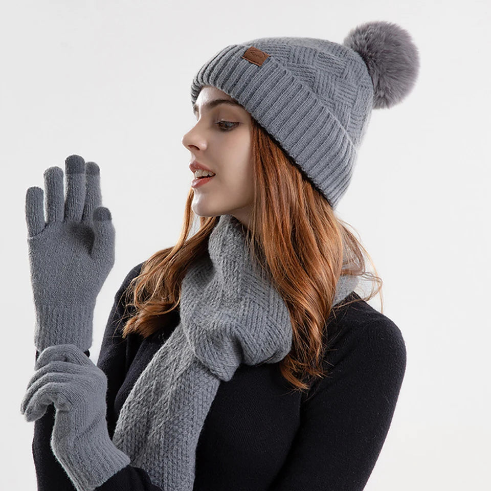 Women's winter beanie hat, scarf and gloves set, 3-piece cold-weather accessories ensemble