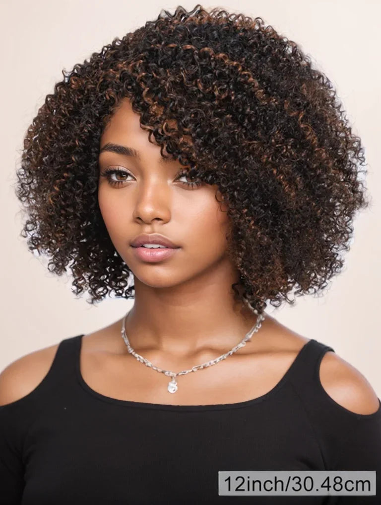 Short kinky curly Brazilian Remy human hair bob wig with bangs, highlighted color and 200% density