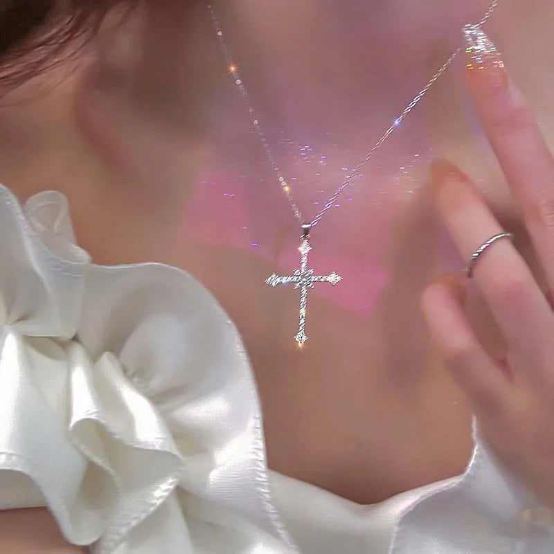 Crystal zircon cross pendant necklace for women in silver by HSF Marketplace