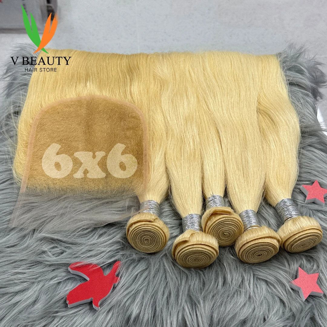 #613 Colored Straight Human Hair Bundles Blonde Closure 1/2/3/4 PCS 100% Vietnamese Remy Human Hair Weave Extensions