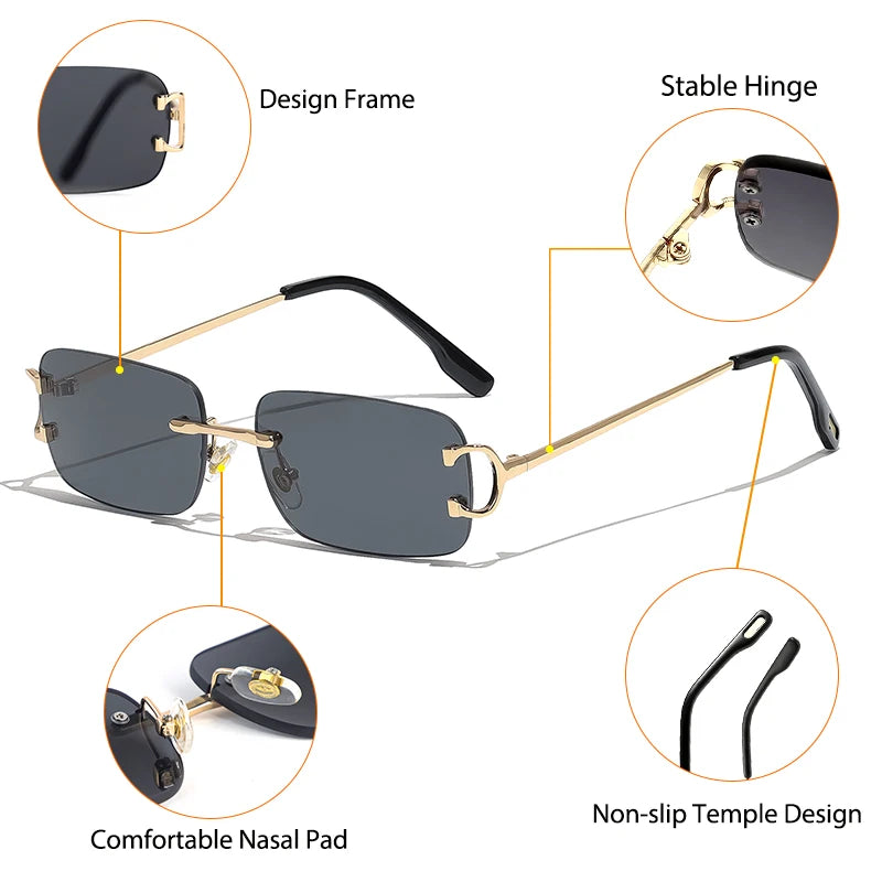 HBK Retro rimless sunglasses for women and men with small square gold frame, UV400 protection, and stylish rectangular design.