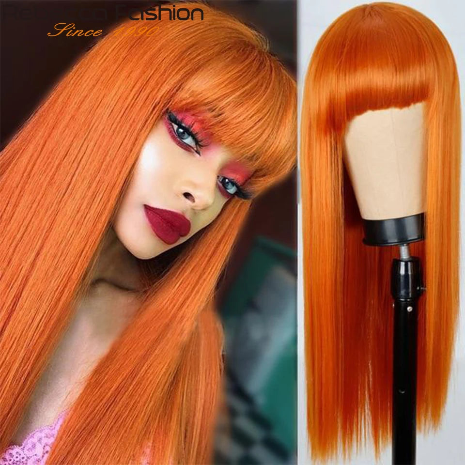 180D ginger straight human hair wig with bangs, full machine-made style in burgundy orange natural shade