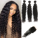 100% Human Hair Bundles With Closure Deep Wave Bundles With 4x4 HD Lace Closure Ombre Wet and Wavy Deep Curly Hair With Closure
