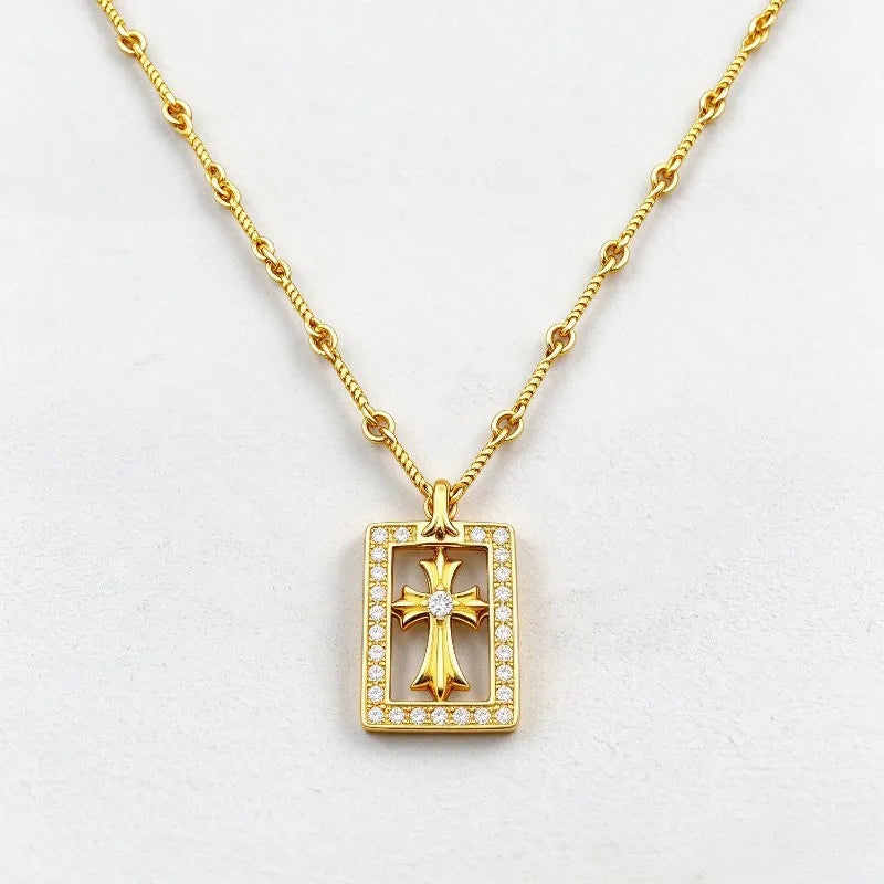 S925 pure silver gold cross pendant necklace with diamond inlay, unisex jewelry, personalized classic design.