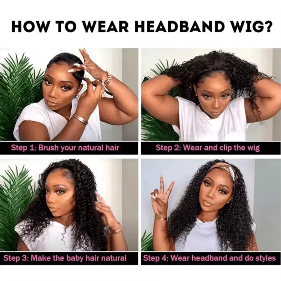 Frizira kinky curly headband human hair wig with natural curls, ready-to-wear style for Black women