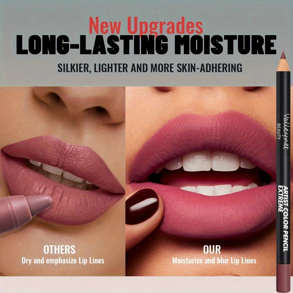 Set of 2 velvet lip liners and matte lipsticks in pink, brown, and red shades for natural, long-lasting waterproof lip makeup.
