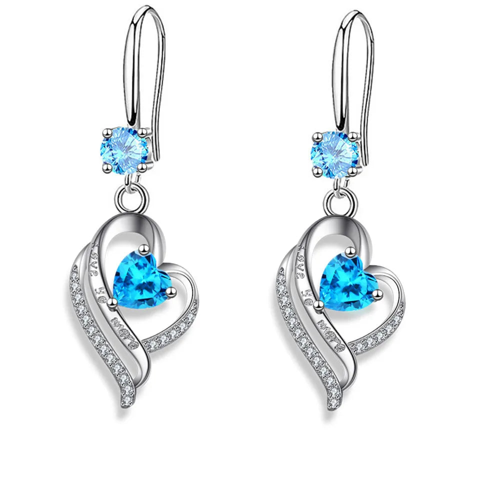 Silver heart drop earrings for women with colorful zircon by HSF Marketplace