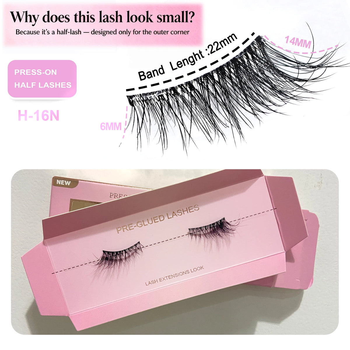 Self-adhesive wide-strip press-on half lashes with soft clear band, pre-glued reusable cat-eye false eyelashes