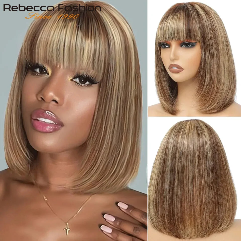 Rebecca human hair wig for women featuring a straight bob style in ombre blonde and brown with lace part, Brazilian natural hair.